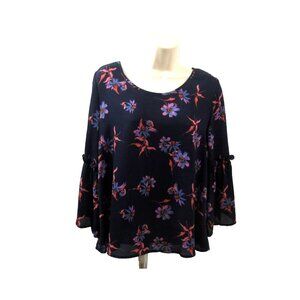 Sienna Sky Womans Blouse Size M Navy Blue Floral 3/4 Bell Sleeves Back Peek Hole